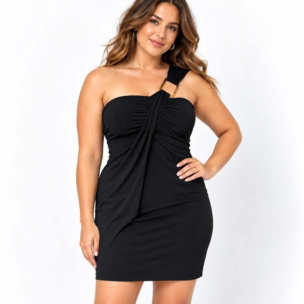 Vintage Ronni Nicole Black One Shoulder Bodycon Mini Dress Gold Accent Y2K Sz 12